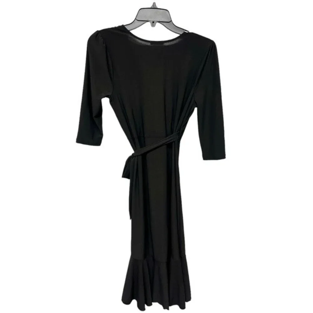 NWT Kiyonna | Whimsy Ruffle Wrap‎ Dress 3/4 Long Sleeve V Neck Black Noir S